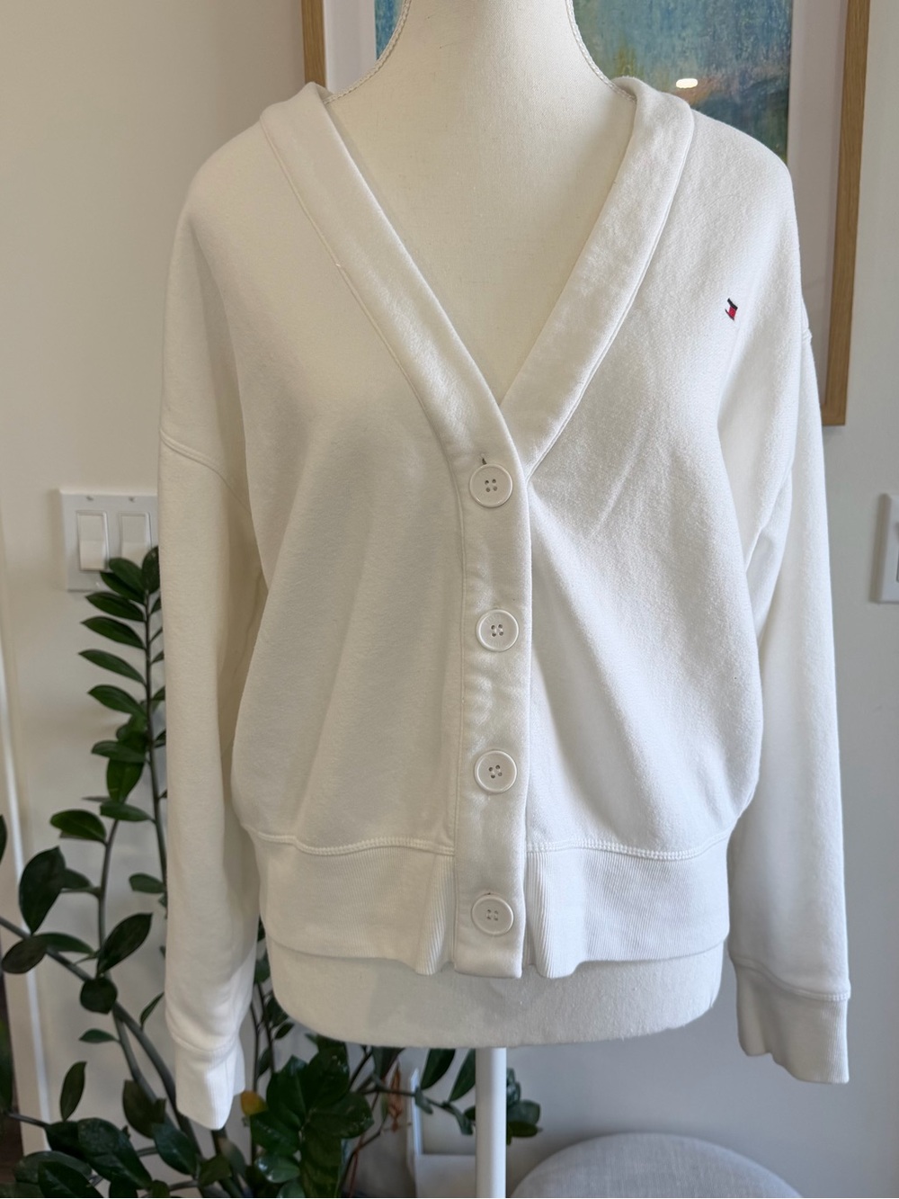 Tommy Hilfiger Sport White Fleece Cardigan Button Front Slouchyβ Sweatshirt M